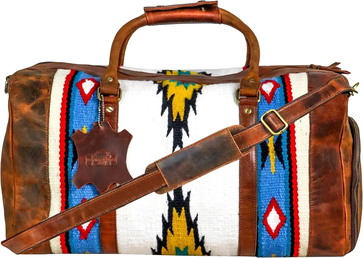 Handmade Premium Duffle Bag leather heavy duty Gym Sports Airplane Overnight Luggage Carry On Unisex Travel woven Rug Bag Wollen Hand Bag Gift for His/Her (RUG DUFFLE BAG DESIGN_03)