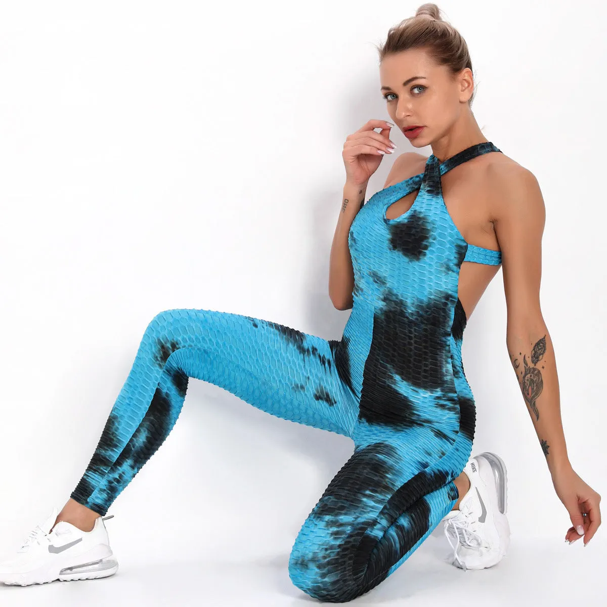 Ink jacquard tie-dye yoga bubble one-piece suit for bodybuilding and buttock lifting