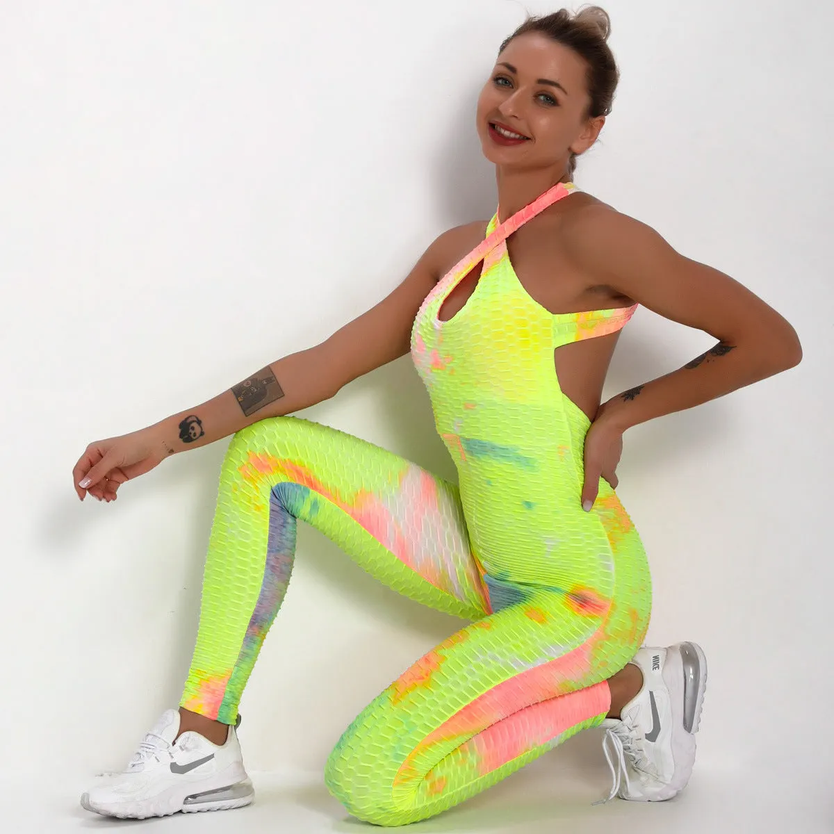 Ink jacquard tie-dye yoga bubble one-piece suit for bodybuilding and buttock lifting