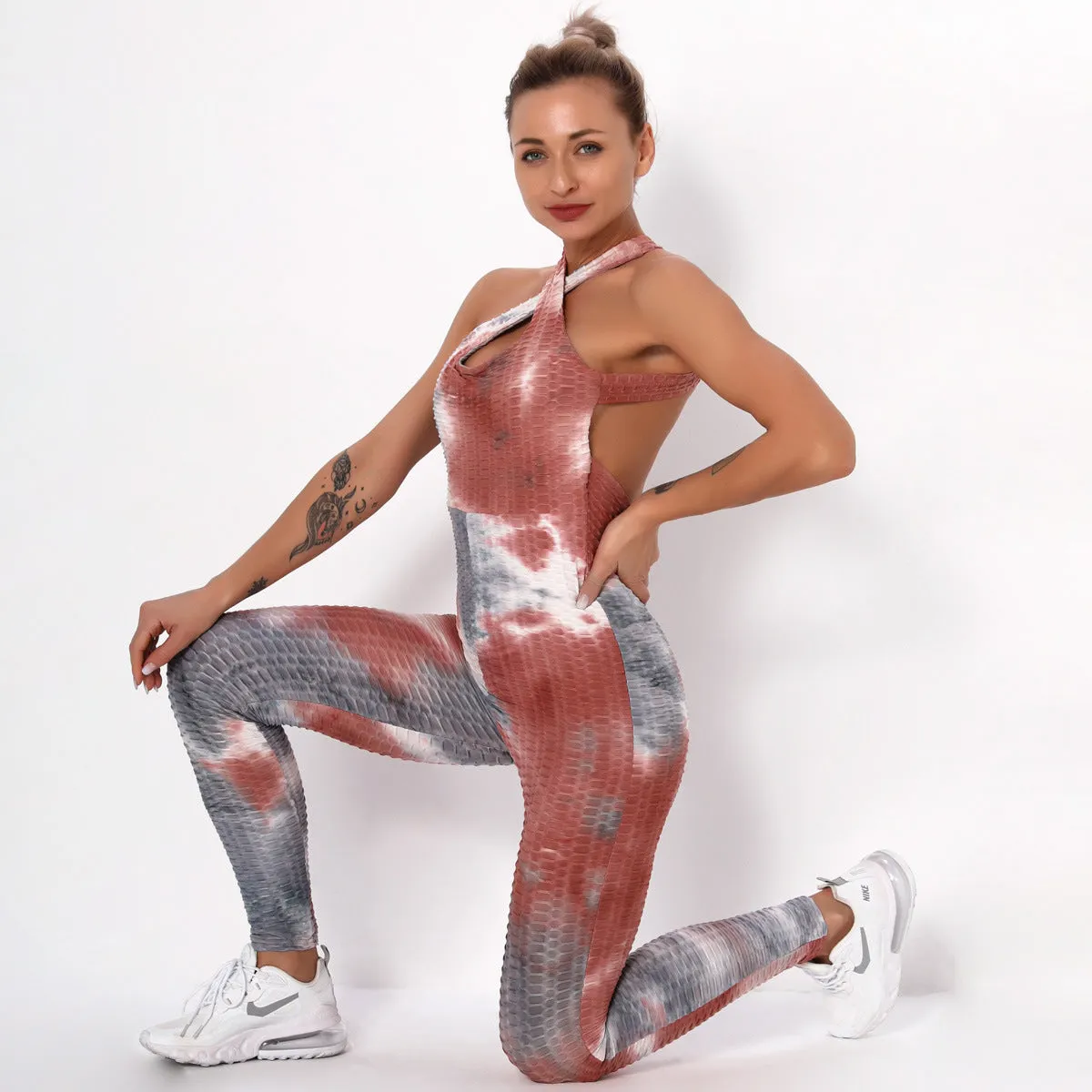 Ink jacquard tie-dye yoga bubble one-piece suit for bodybuilding and buttock lifting