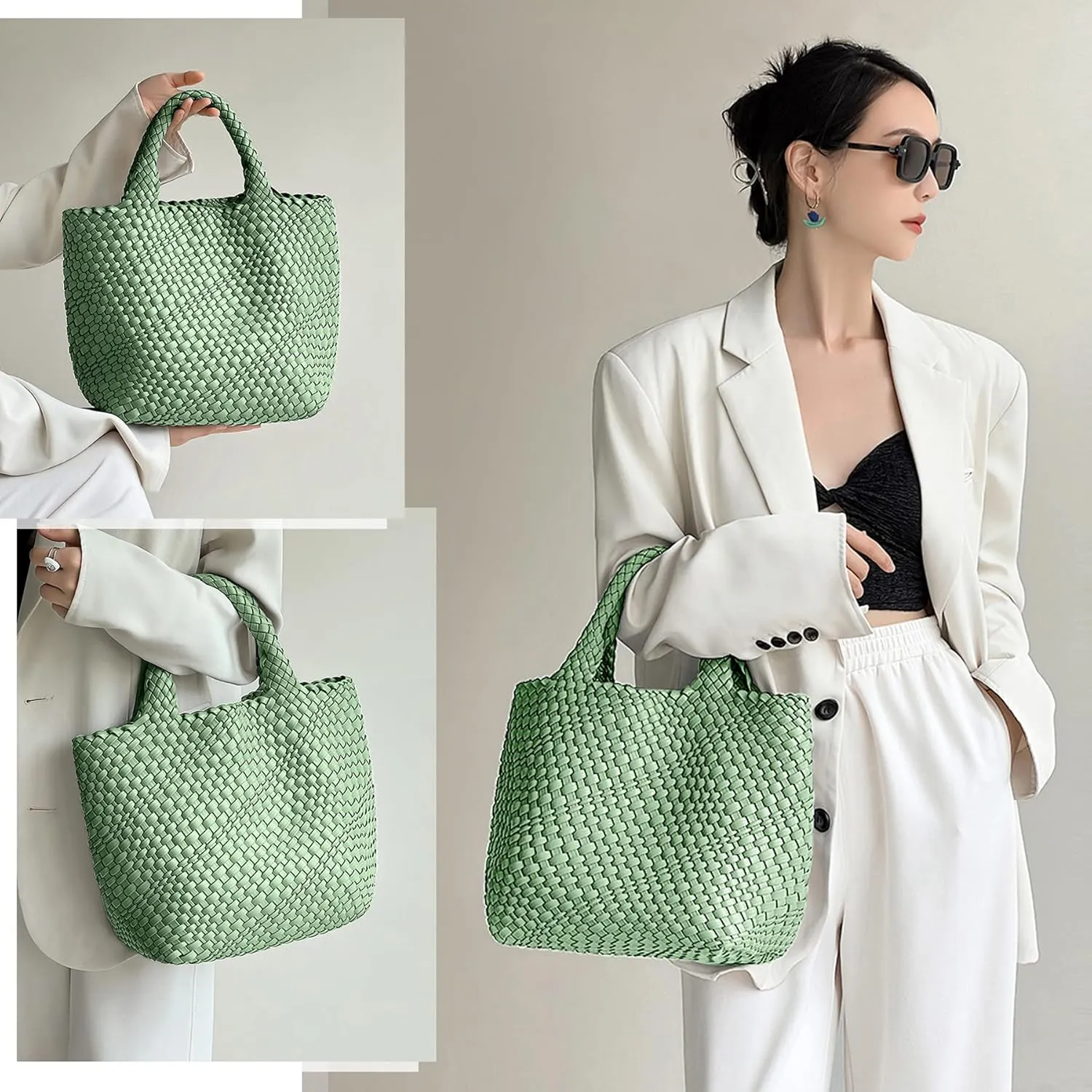 KALIDI Straw Tote Beach Bag Striped Shoulder Handbag Stitch Woven PU Leather Handle Zippe Travel Shopping Picnic