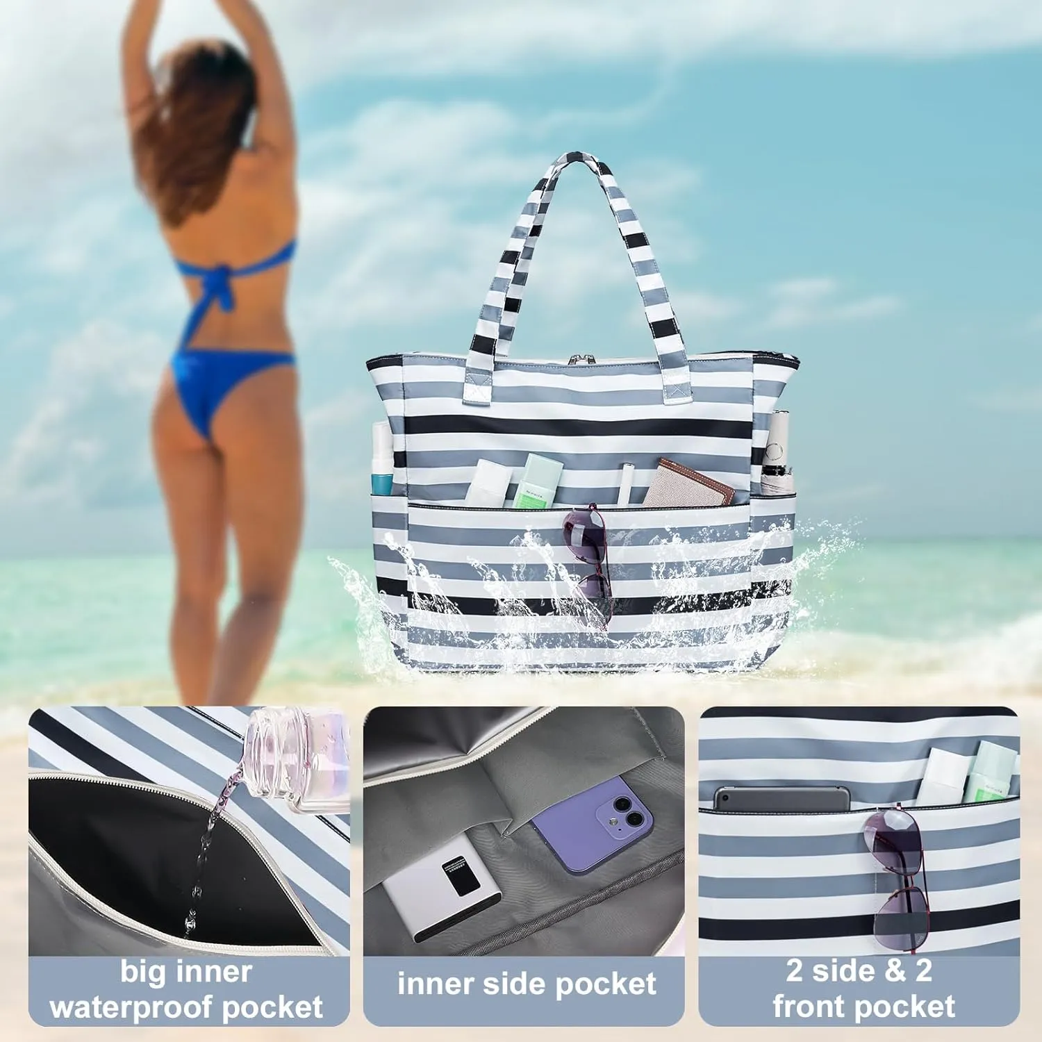 LEDAOU Beach Bag for Women Waterproof Sandproof Tote Bag Pool Bag with Zipper for Gym Shopping Travel with Wet Pocket