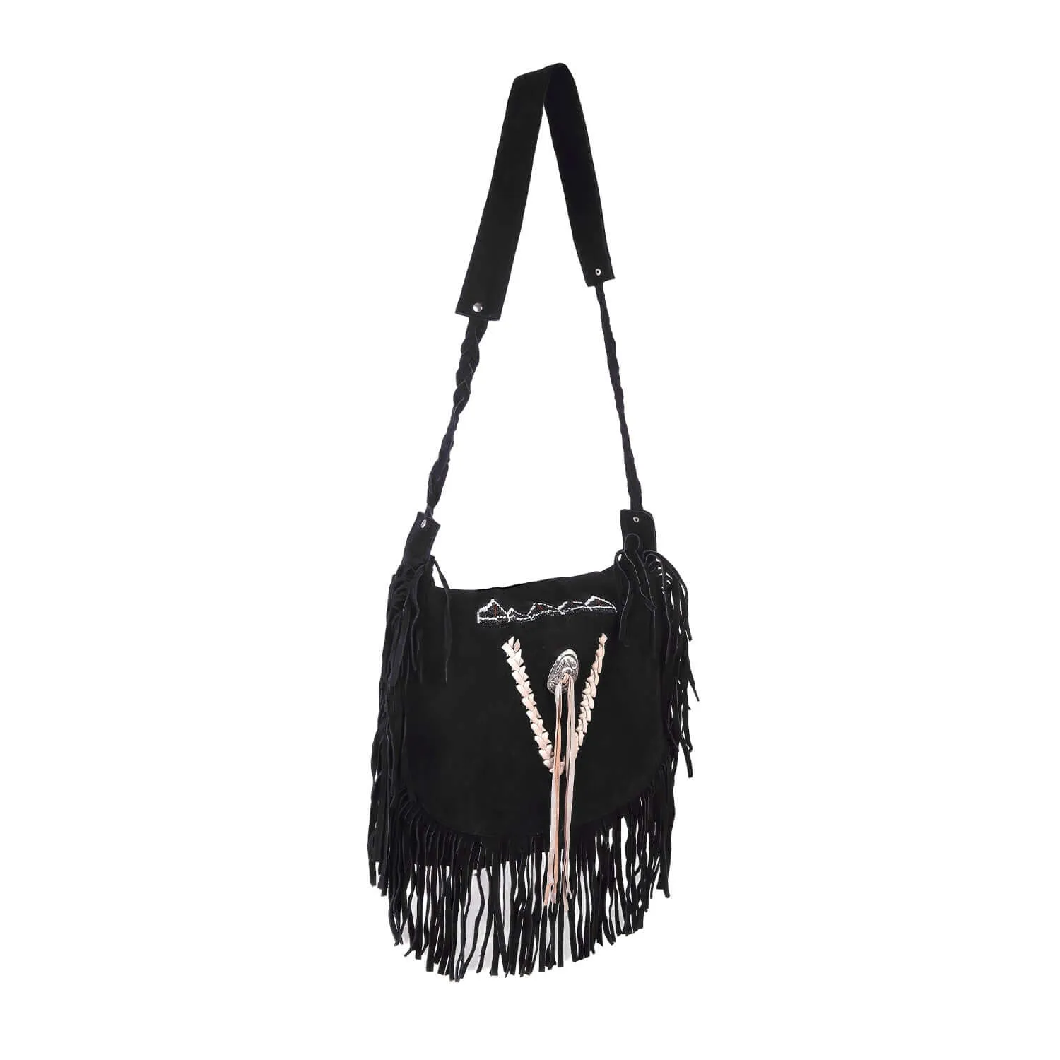 Lesa Collection Women's Black Suede Fringe Crossbody Purse with Beaded Tribal Embroidery and Braided Strap