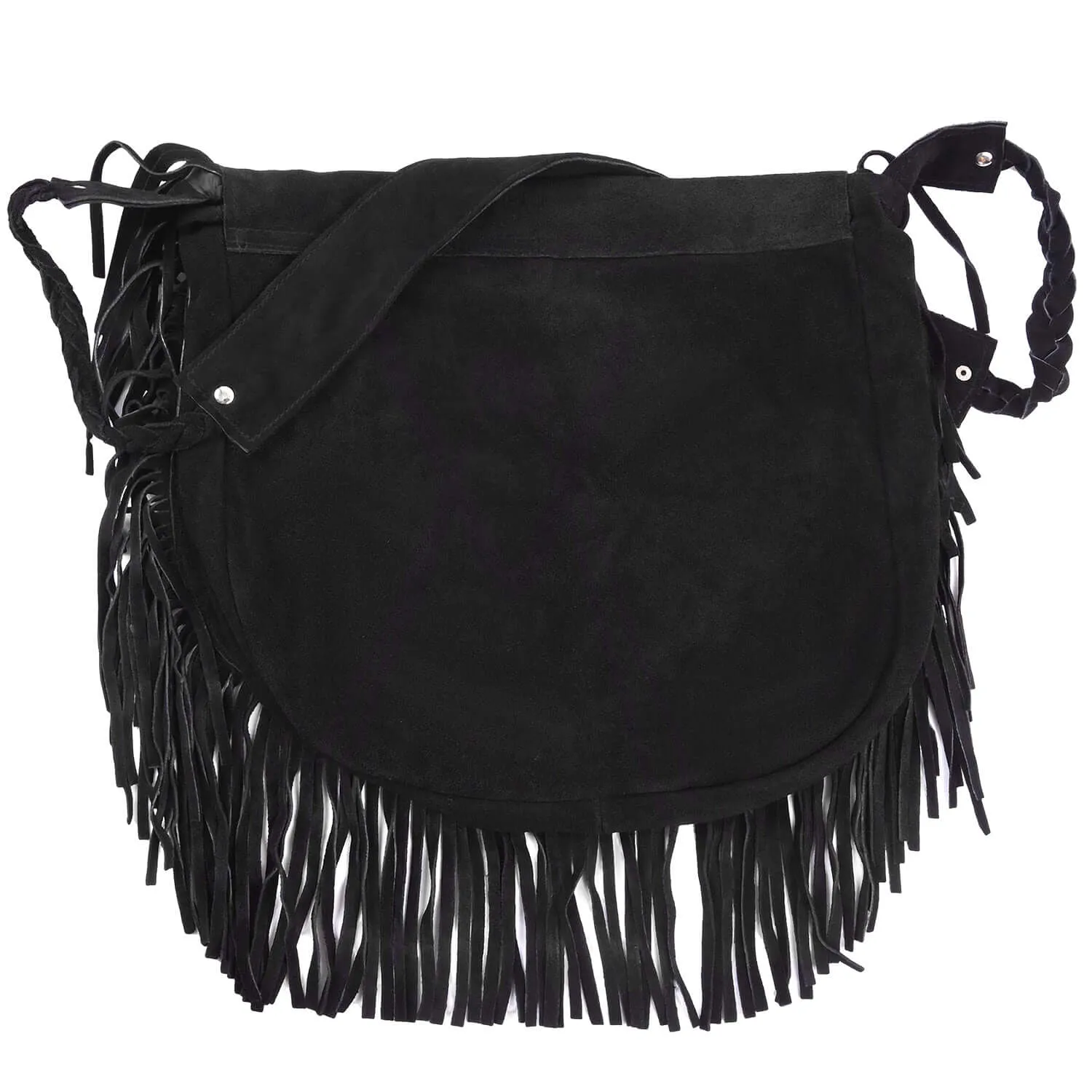 Lesa Collection Women's Black Suede Fringe Crossbody Purse with Beaded Tribal Embroidery and Braided Strap