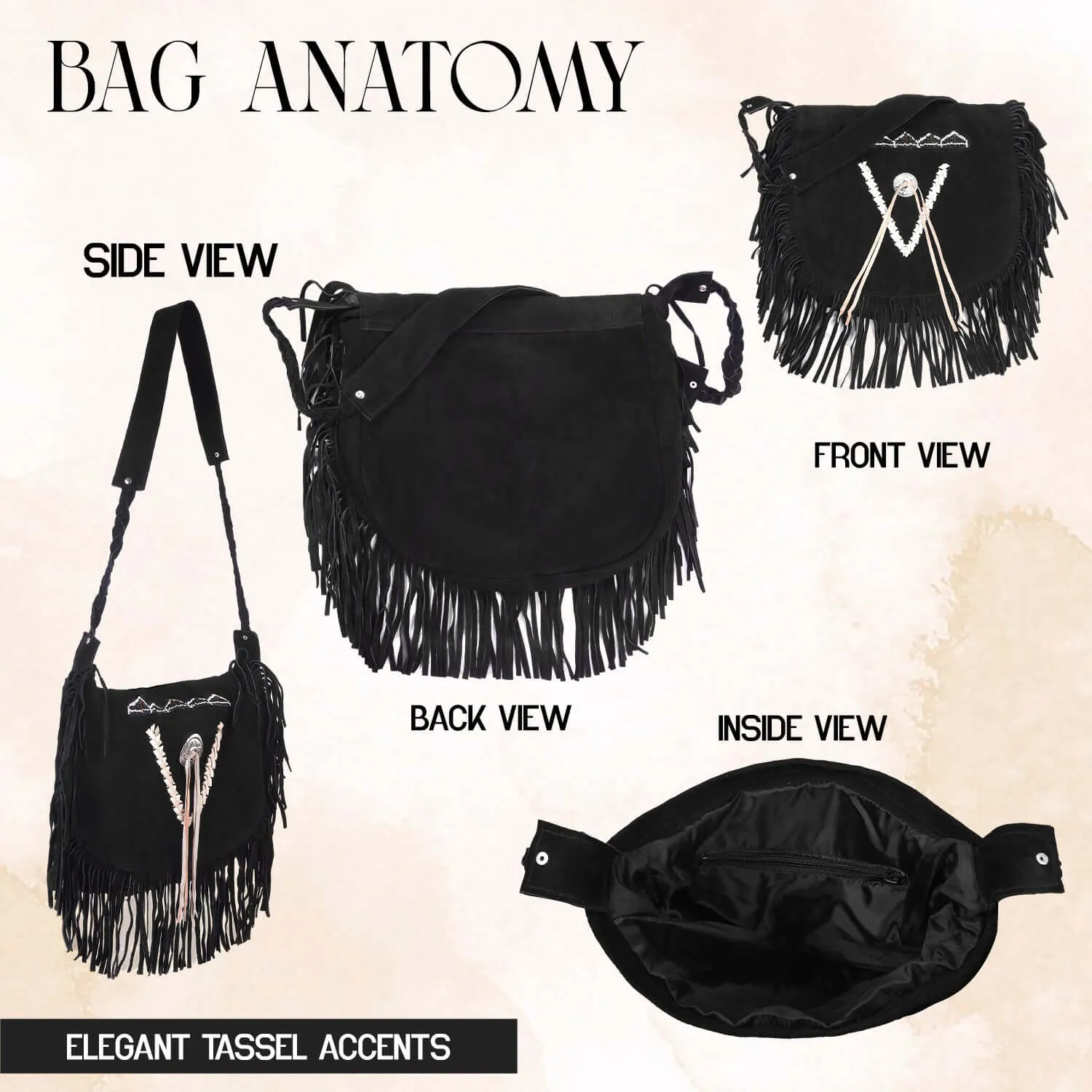 Lesa Collection Women's Black Suede Fringe Crossbody Purse with Beaded Tribal Embroidery and Braided Strap