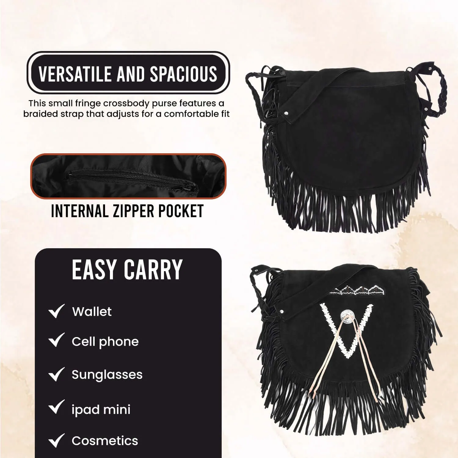 Lesa Collection Women's Black Suede Fringe Crossbody Purse with Beaded Tribal Embroidery and Braided Strap