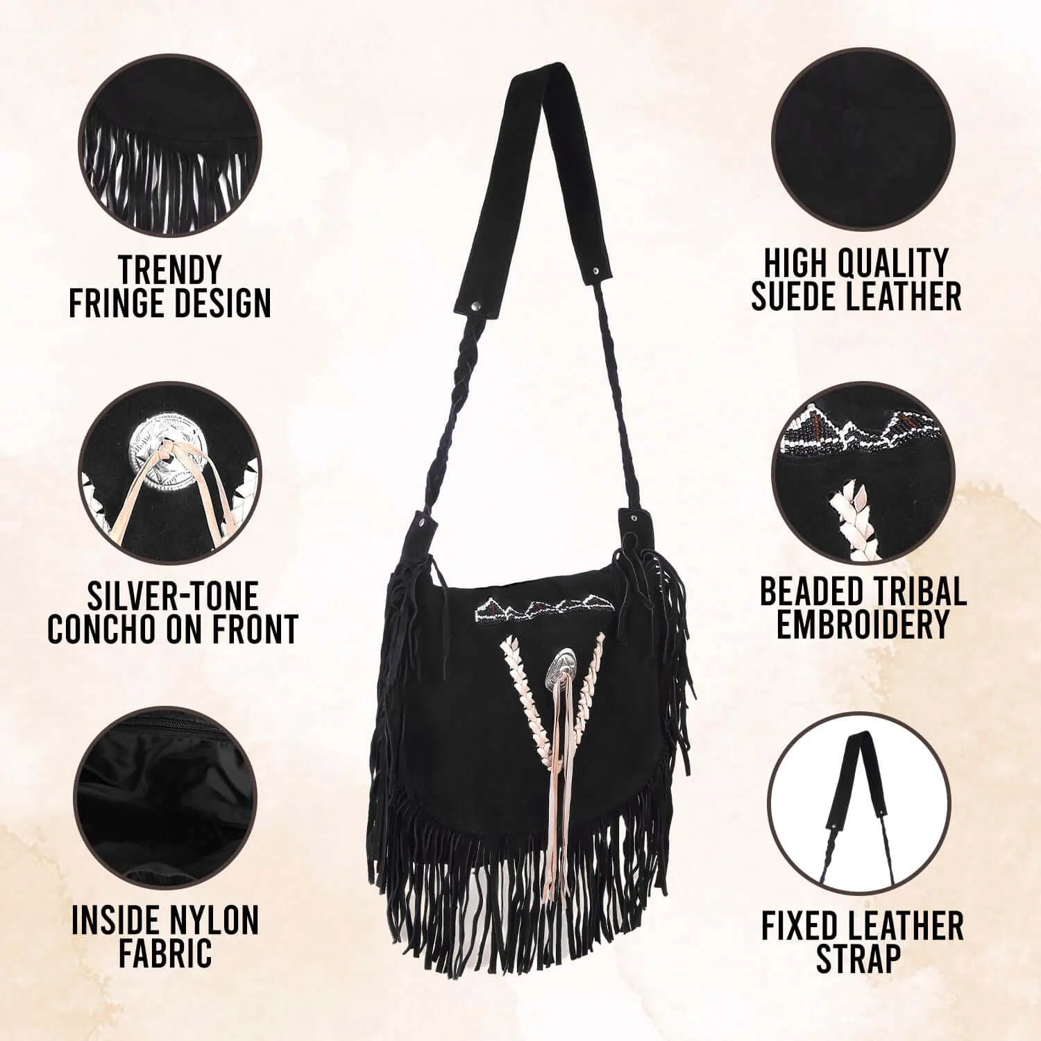 Lesa Collection Women's Black Suede Fringe Crossbody Purse with Beaded Tribal Embroidery and Braided Strap