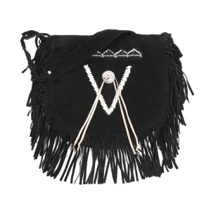 Lesa Collection Women's Black Suede Fringe Crossbody Purse with Beaded Tribal Embroidery and Braided Strap