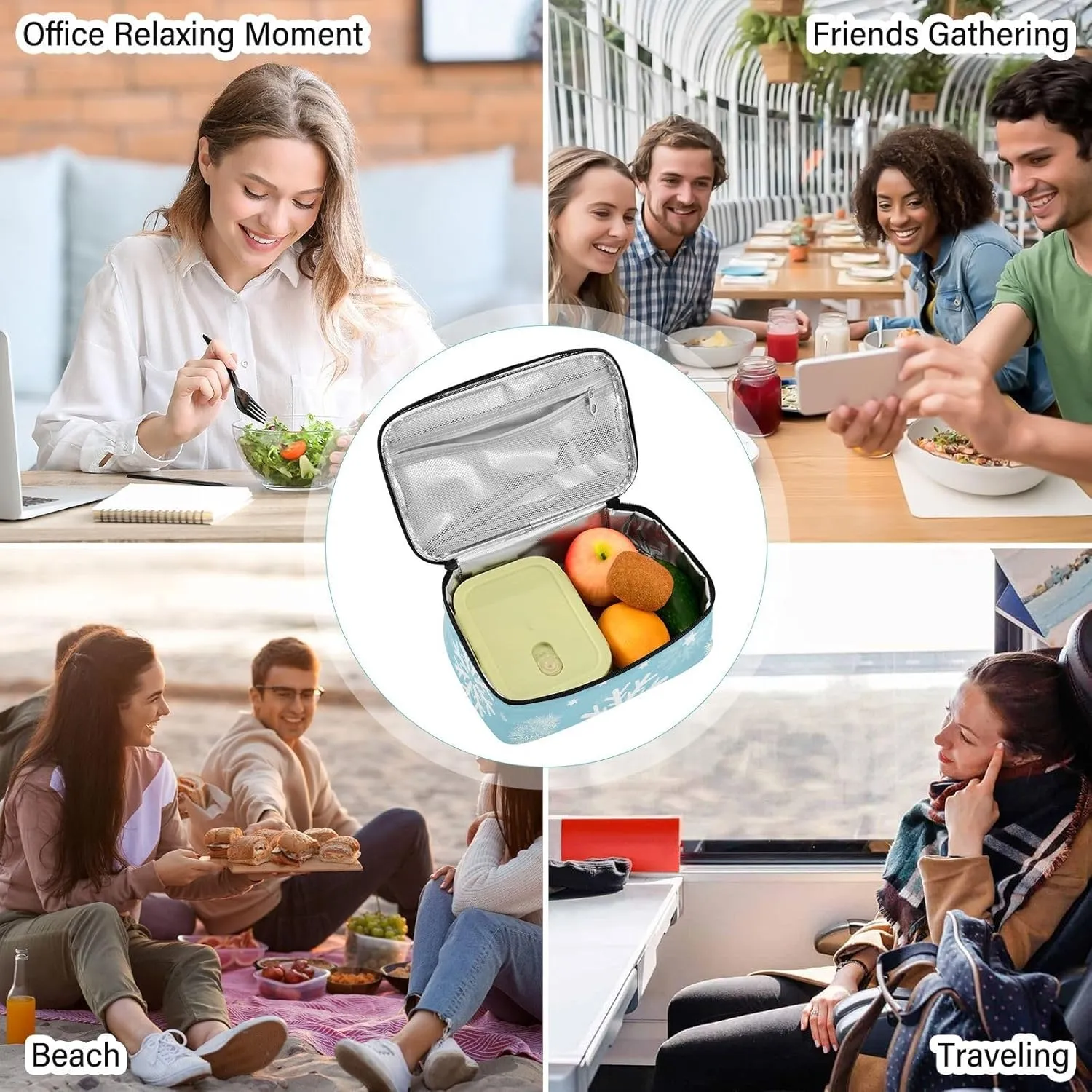 Lunch Box for Women Men Insulated Lunch Bag Small Mini Cooler Bag Box with Handle Portable Compact Lunchbag Lunch Pail for Work School Winter Snowflake Blue