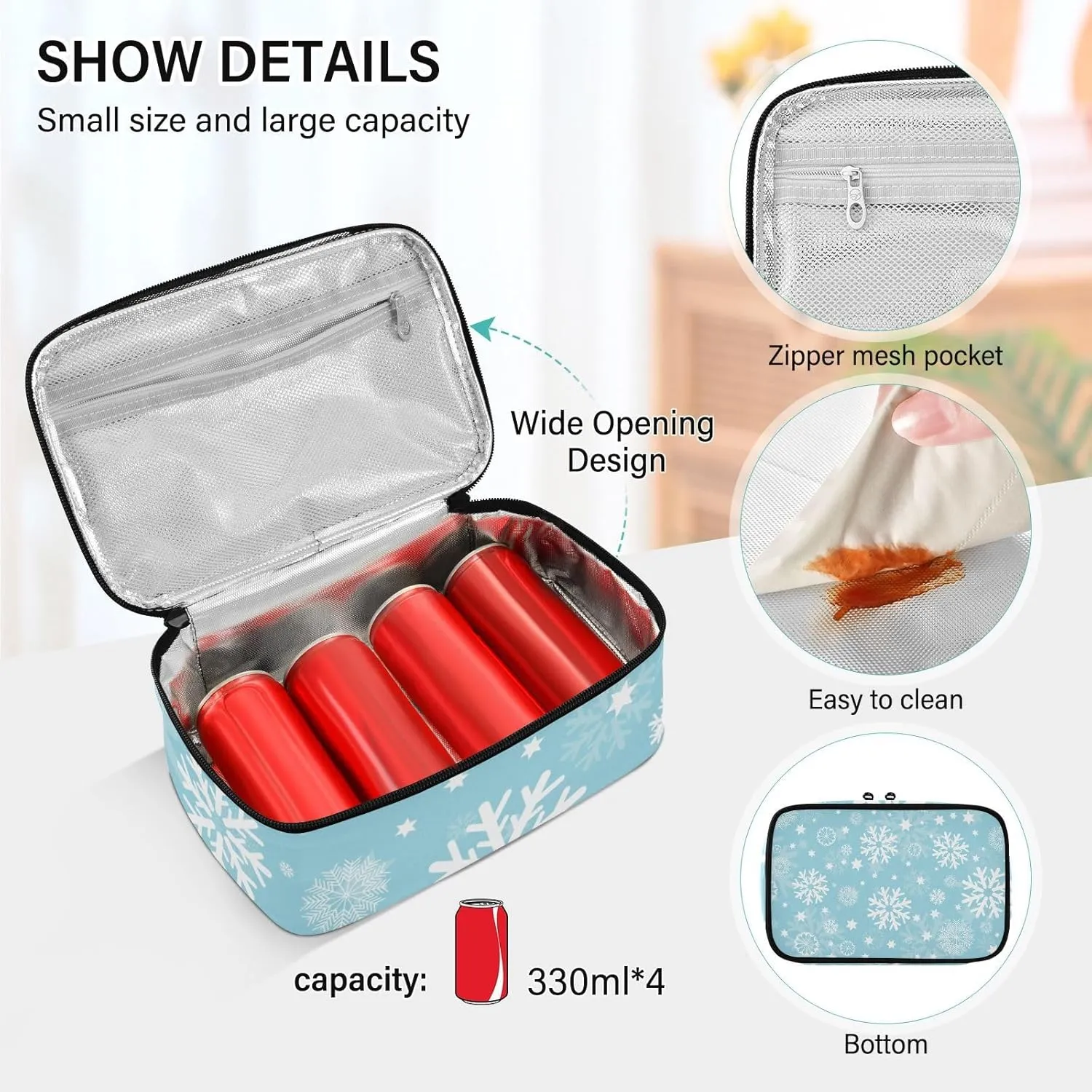 Lunch Box for Women Men Insulated Lunch Bag Small Mini Cooler Bag Box with Handle Portable Compact Lunchbag Lunch Pail for Work School Winter Snowflake Blue