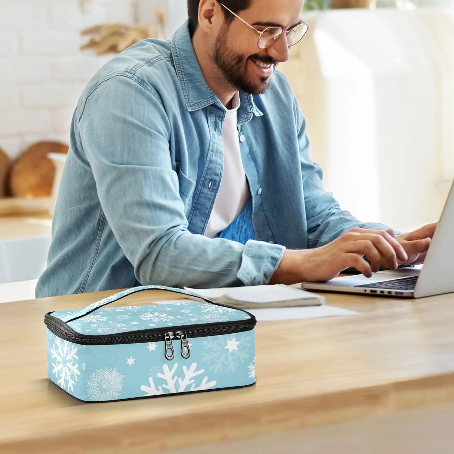 Lunch Box for Women Men Insulated Lunch Bag Small Mini Cooler Bag Box with Handle Portable Compact Lunchbag Lunch Pail for Work School Winter Snowflake Blue