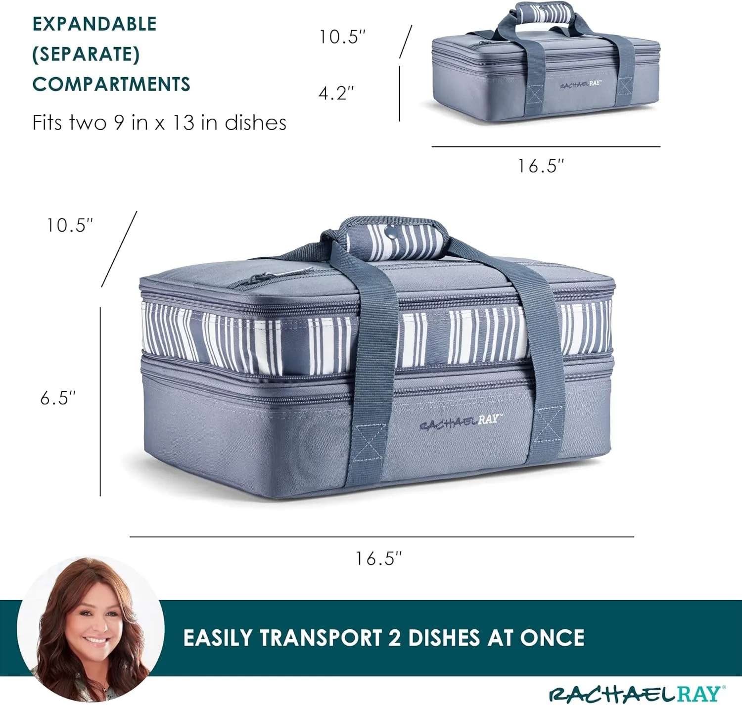 Rachael Ray Expandable Insulated Casserole Carrier for Hot or Cold Food, Thermal Lasagna Lugger Tote for Potluck, Parties, Picnic, and Cookouts, Fits 9" x 13" Baking Dish