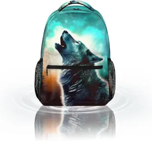 School Backpack for Teens Boys, Animal Wolf Starry Sky Print Middle School Students Bookbag 16in,Casual Sports Gym Travel Bag Schoolbag Hiking Camping Daypack