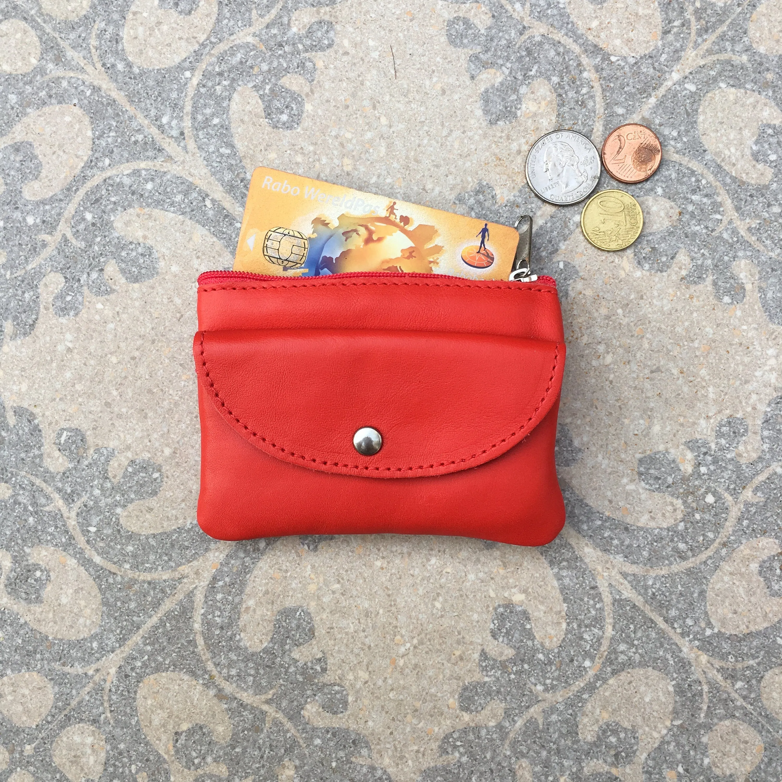 Small purse in RED  in genuine leather with zippers and pocket. Fits credit cards, coins, bills. RED leather wallet