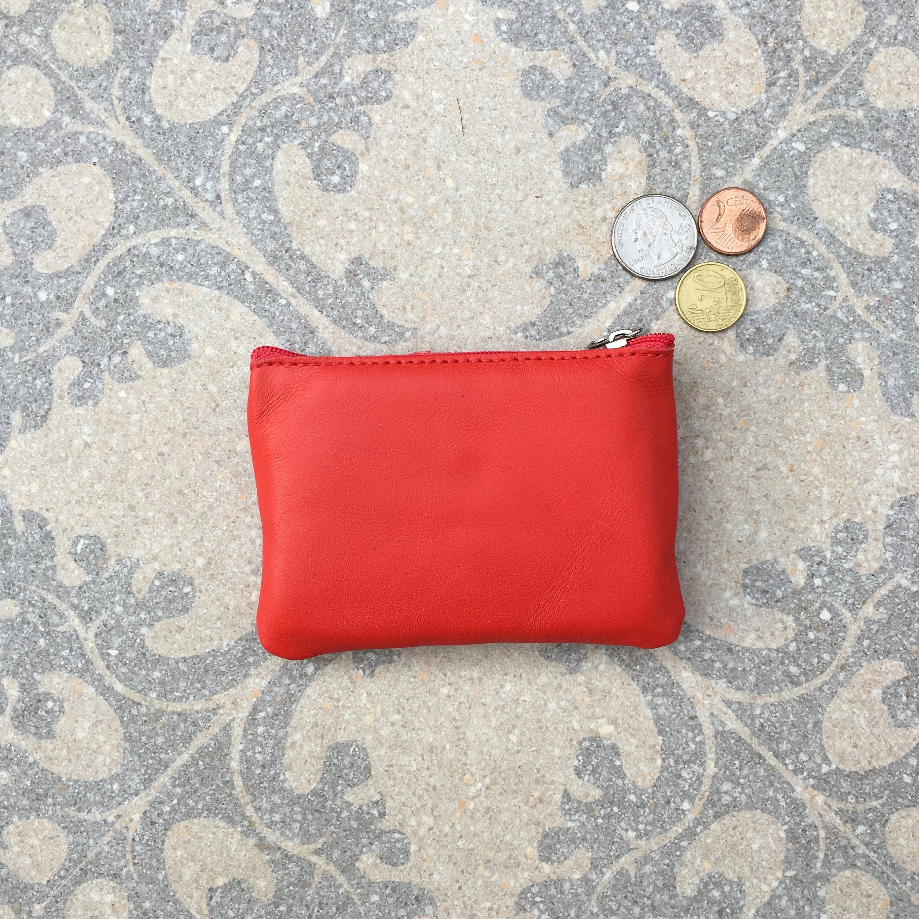 Small purse in RED  in genuine leather with zippers and pocket. Fits credit cards, coins, bills. RED leather wallet