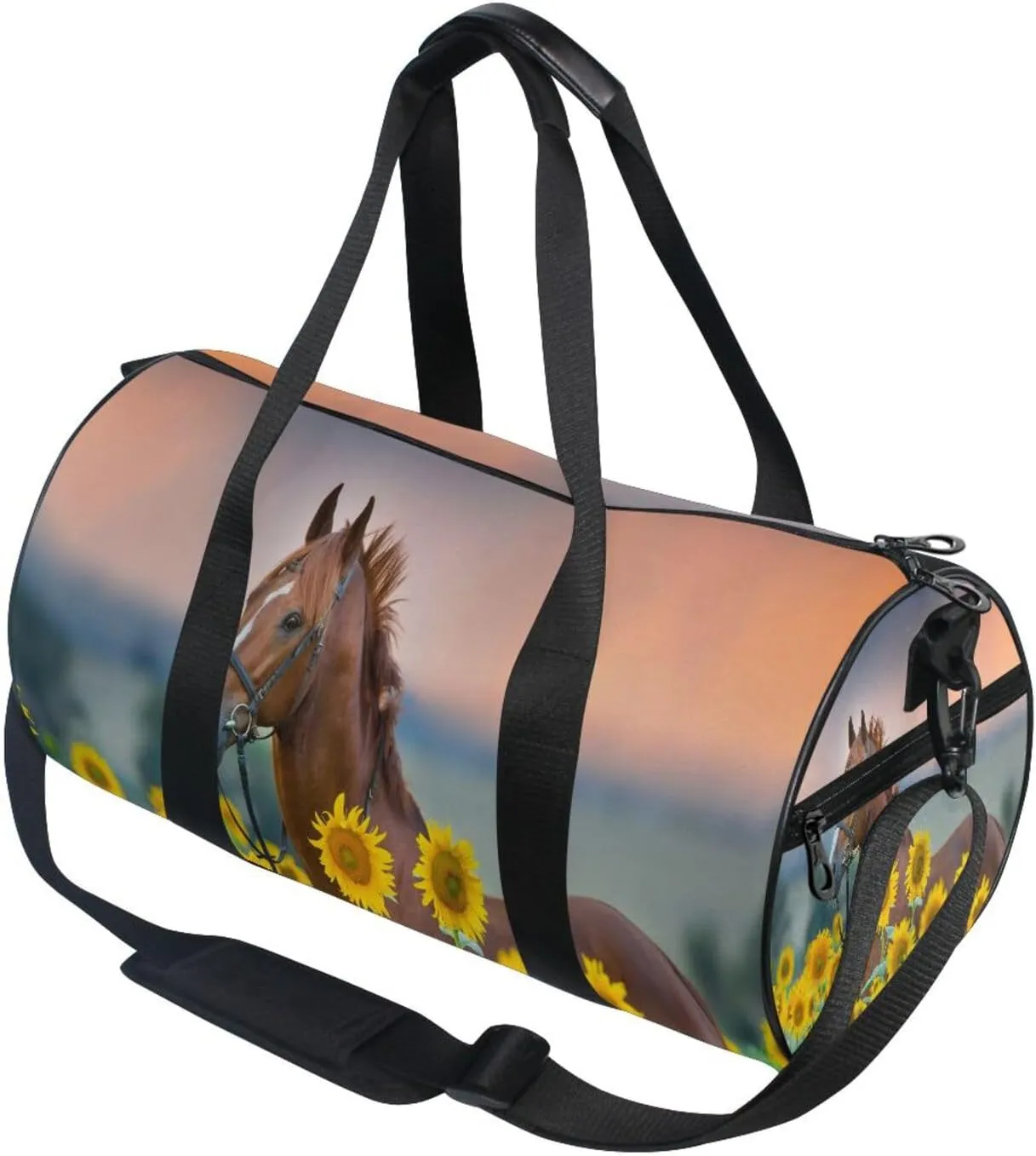 Stallion Horse Sunflowers Portable Gym Bag, Travel Bag, Luggage bag, Sports Bag, Toiletry Bag with Handles, Detachable Shoulder Strap 17.6 x 9 x 9 inch