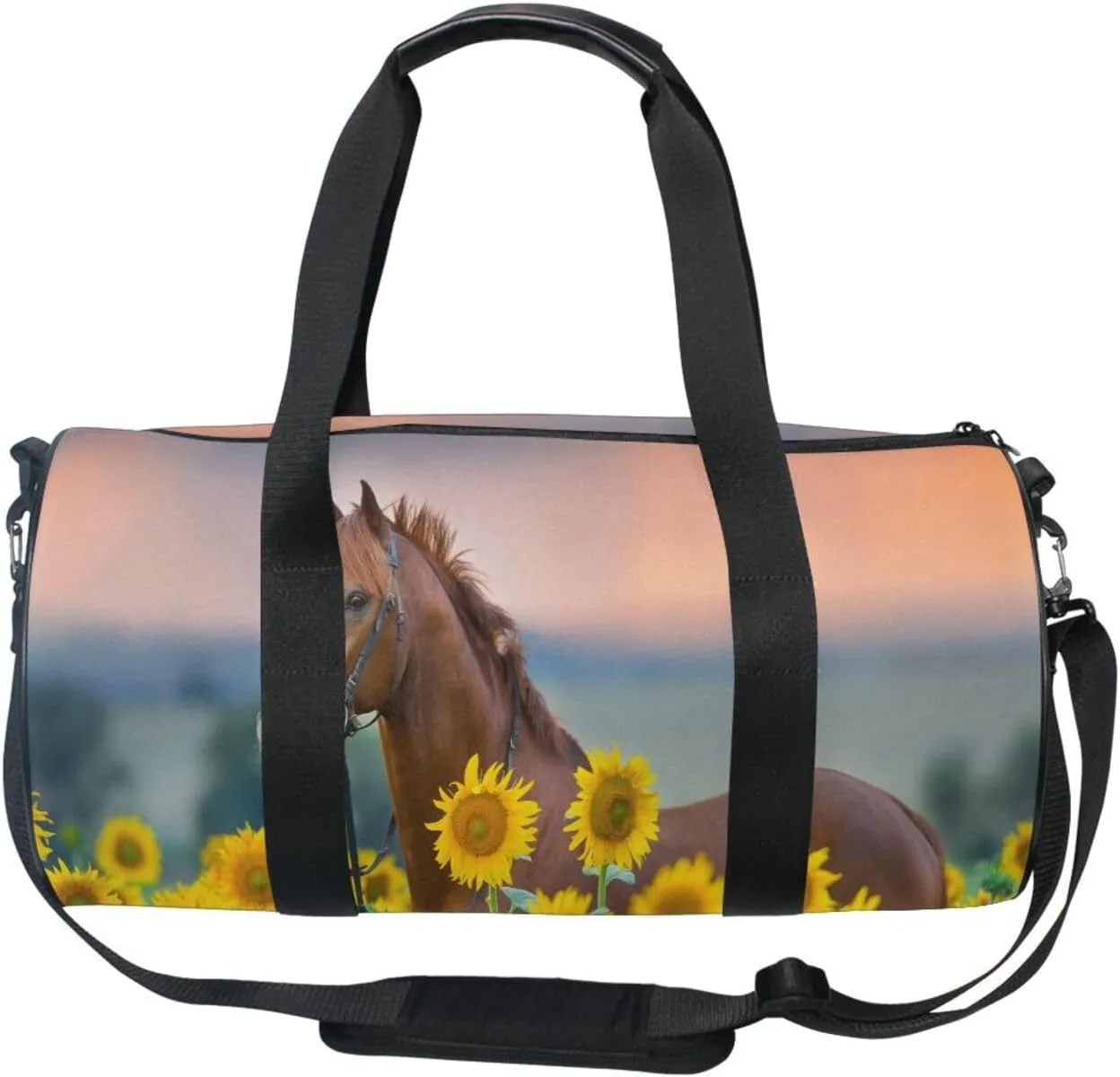 Stallion Horse Sunflowers Portable Gym Bag, Travel Bag, Luggage bag, Sports Bag, Toiletry Bag with Handles, Detachable Shoulder Strap 17.6 x 9 x 9 inch