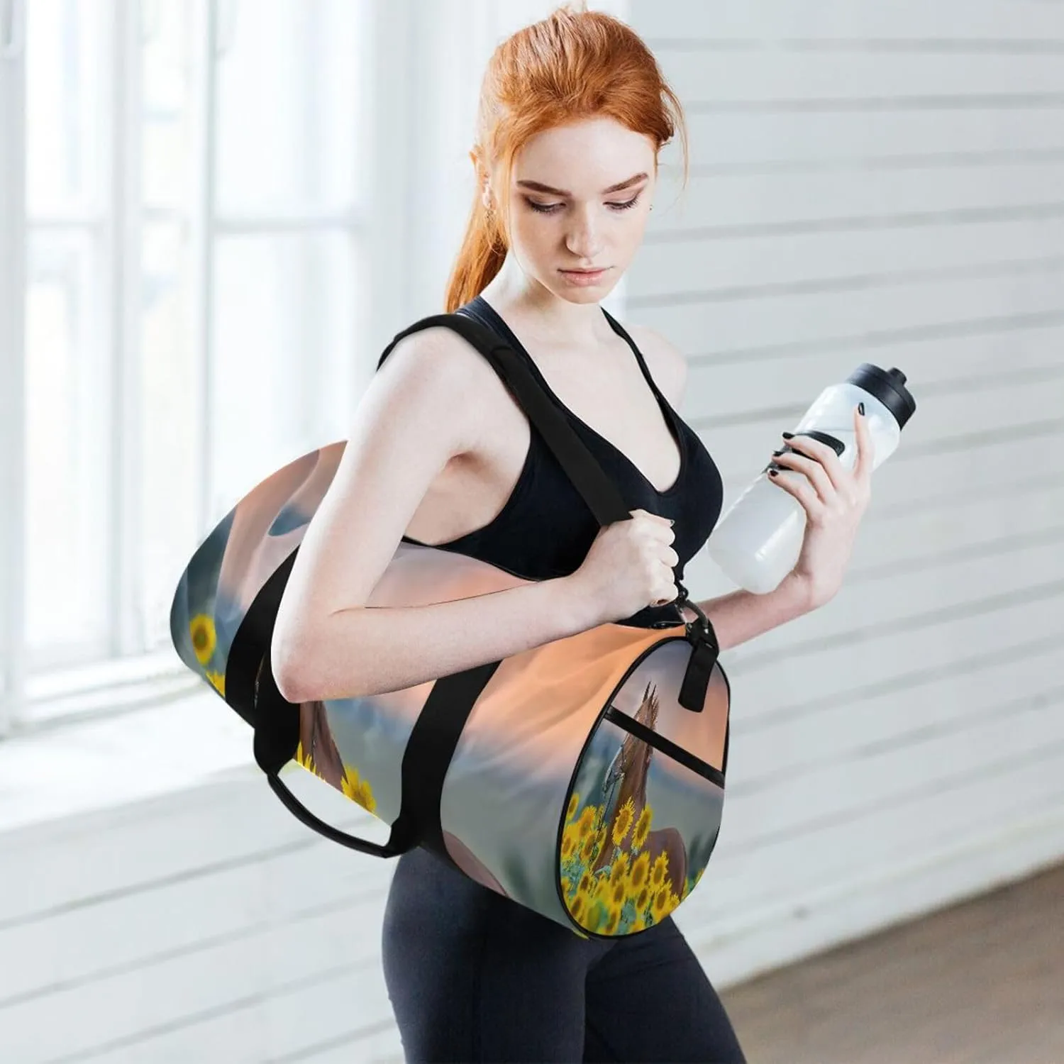Stallion Horse Sunflowers Portable Gym Bag, Travel Bag, Luggage bag, Sports Bag, Toiletry Bag with Handles, Detachable Shoulder Strap 17.6 x 9 x 9 inch
