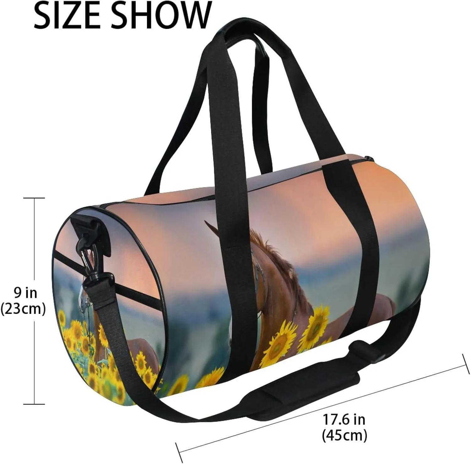 Stallion Horse Sunflowers Portable Gym Bag, Travel Bag, Luggage bag, Sports Bag, Toiletry Bag with Handles, Detachable Shoulder Strap 17.6 x 9 x 9 inch