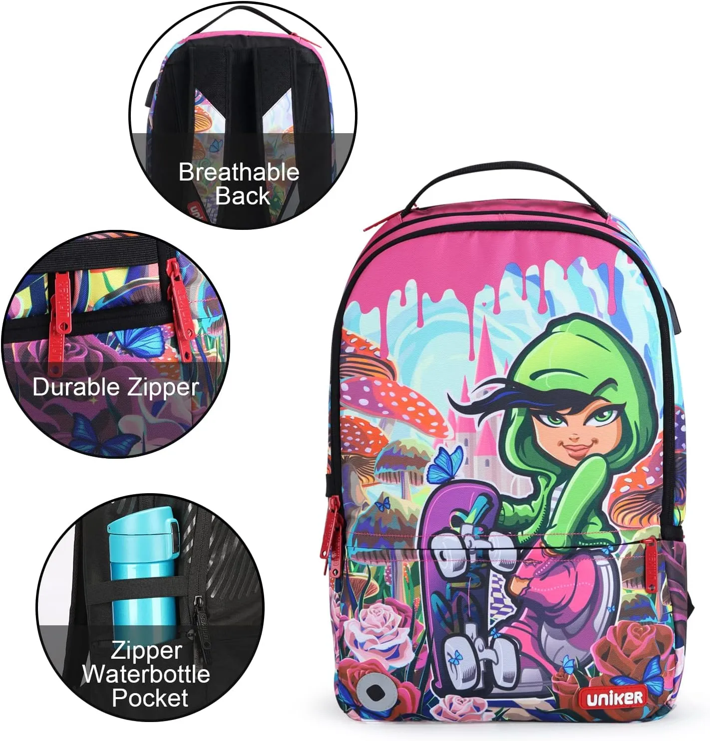 UNIKER Laptop Backpack with USB Charging Port,Graffiti Middle School Backpack for Girls,Water Resistant Travel Backpack for Women,Designer Laptop Backpack for 15.6 Inch Laptop,Skateboard Girl