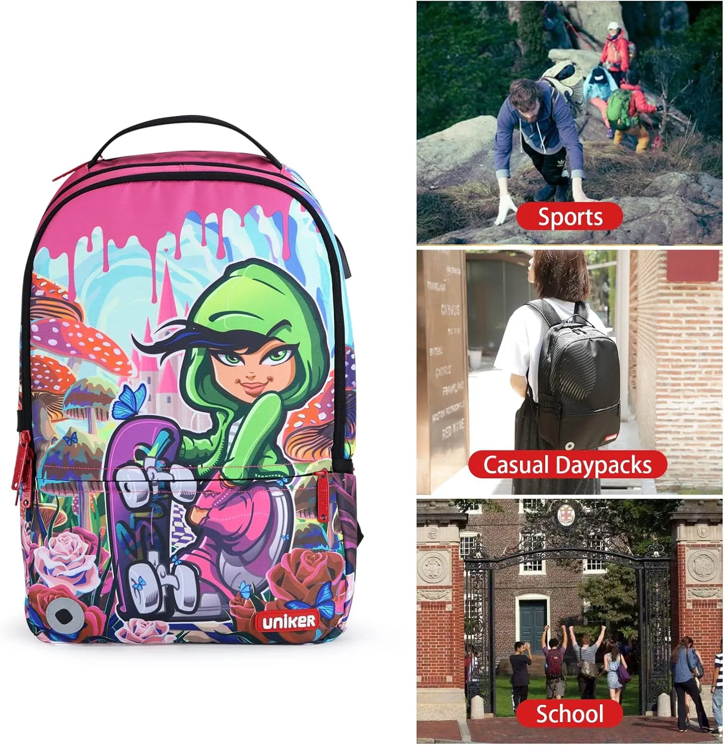 UNIKER Laptop Backpack with USB Charging Port,Graffiti Middle School Backpack for Girls,Water Resistant Travel Backpack for Women,Designer Laptop Backpack for 15.6 Inch Laptop,Skateboard Girl