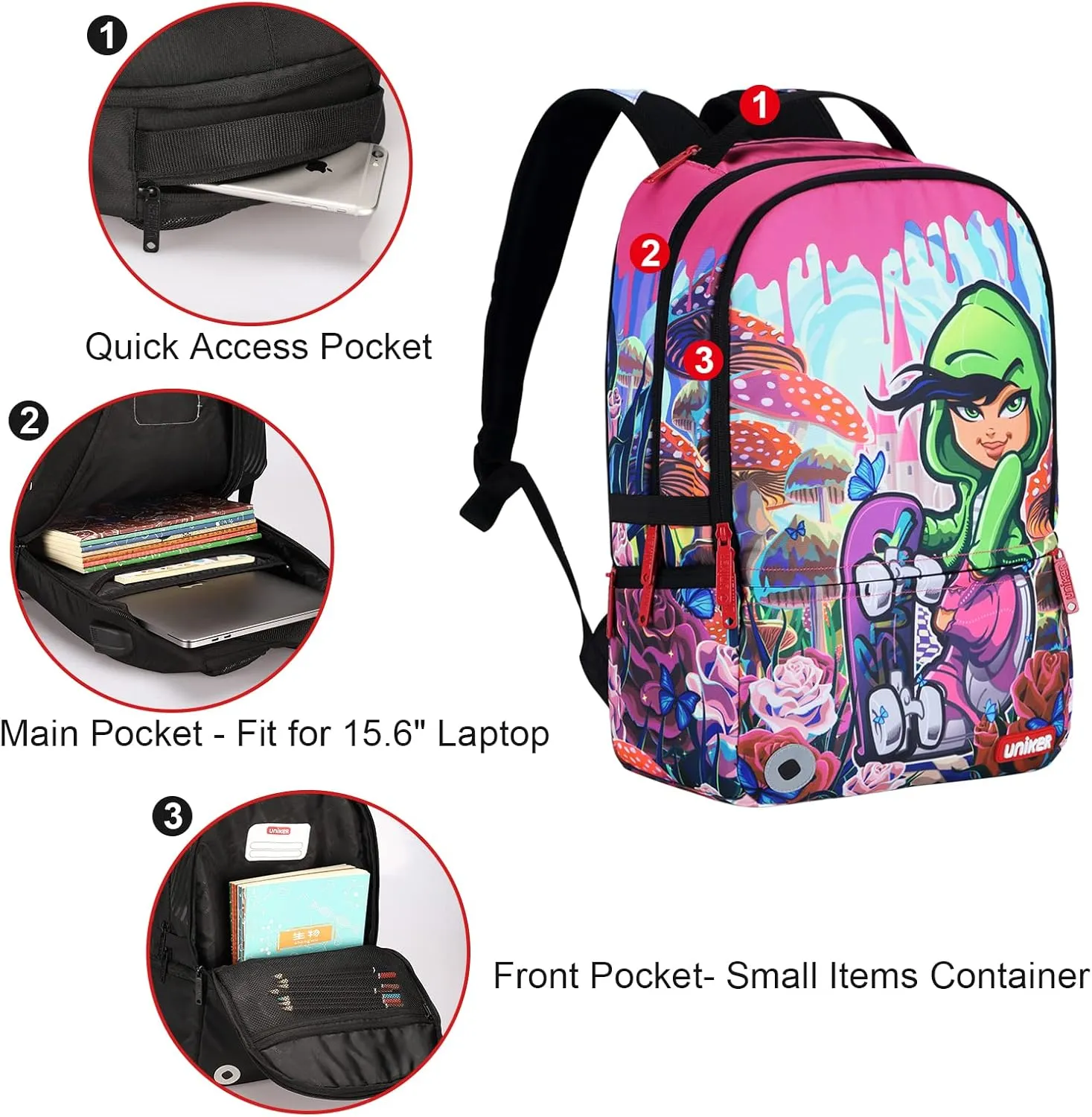 UNIKER Laptop Backpack with USB Charging Port,Graffiti Middle School Backpack for Girls,Water Resistant Travel Backpack for Women,Designer Laptop Backpack for 15.6 Inch Laptop,Skateboard Girl
