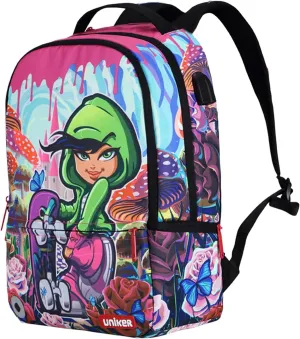 UNIKER Laptop Backpack with USB Charging Port,Graffiti Middle School Backpack for Girls,Water Resistant Travel Backpack for Women,Designer Laptop Backpack for 15.6 Inch Laptop,Skateboard Girl