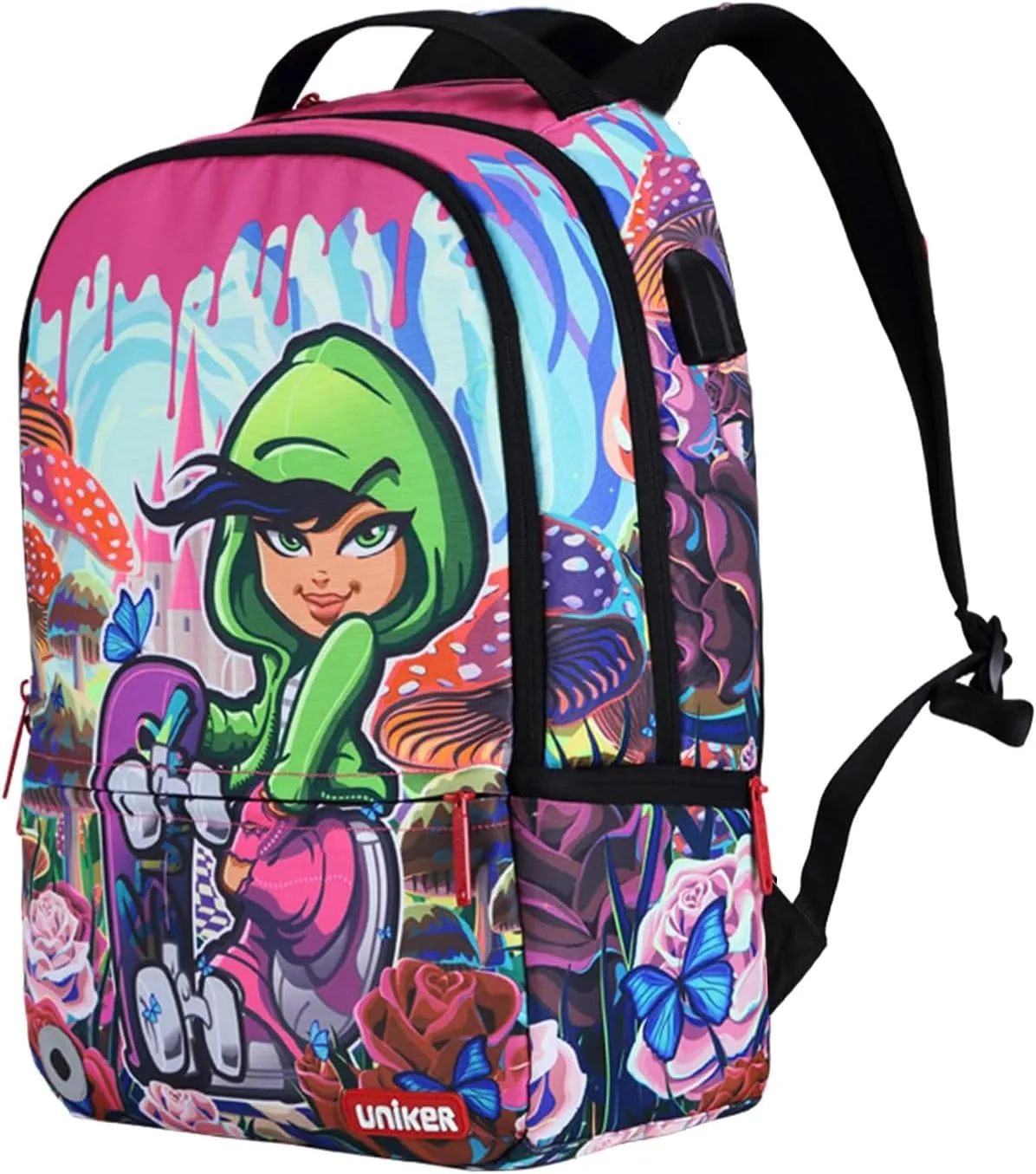 UNIKER Laptop Backpack with USB Charging Port,Graffiti Middle School Backpack for Girls,Water Resistant Travel Backpack for Women,Designer Laptop Backpack for 15.6 Inch Laptop,Skateboard Girl