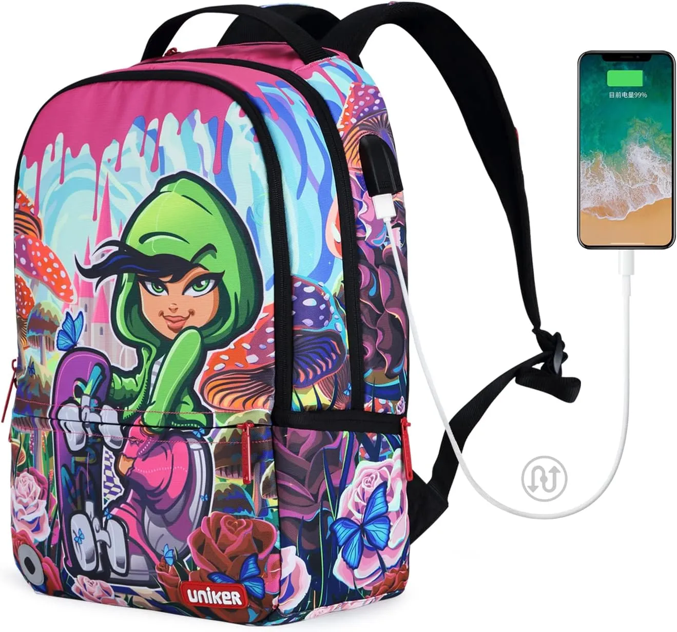 UNIKER Laptop Backpack with USB Charging Port,Graffiti Middle School Backpack for Girls,Water Resistant Travel Backpack for Women,Designer Laptop Backpack for 15.6 Inch Laptop,Skateboard Girl