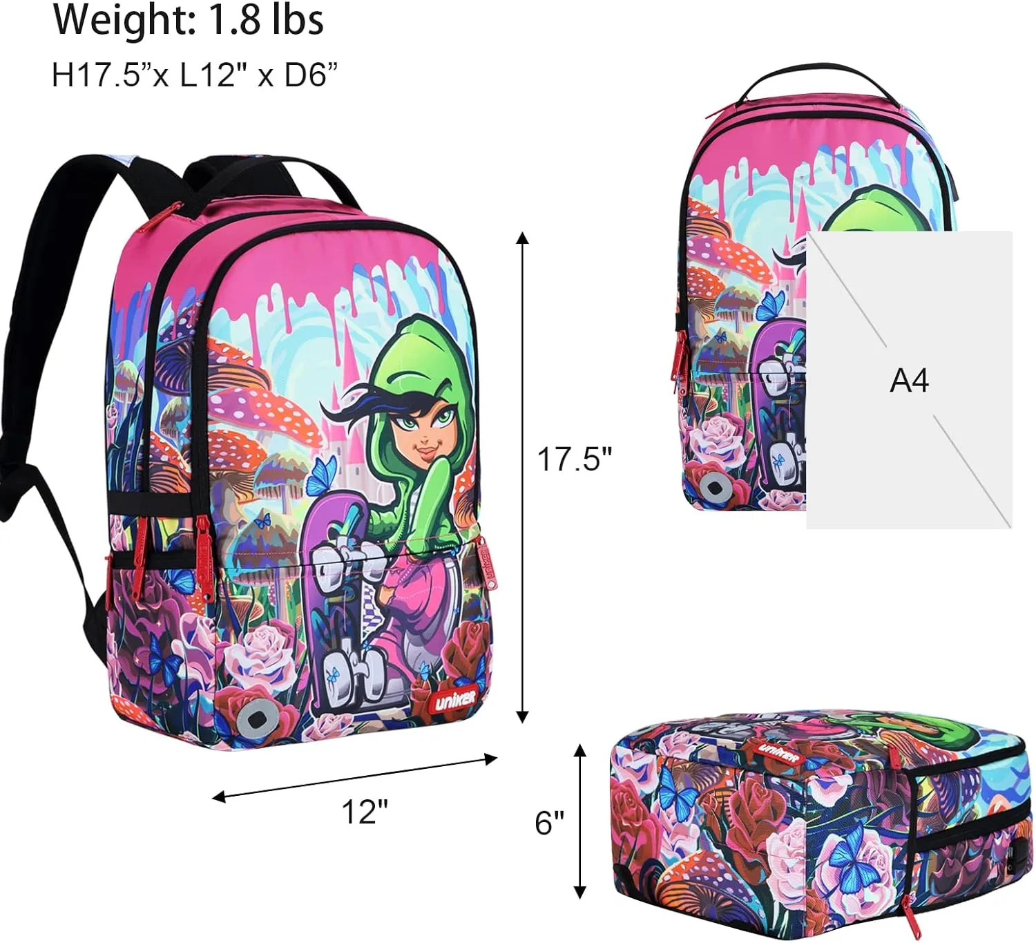 UNIKER Laptop Backpack with USB Charging Port,Graffiti Middle School Backpack for Girls,Water Resistant Travel Backpack for Women,Designer Laptop Backpack for 15.6 Inch Laptop,Skateboard Girl