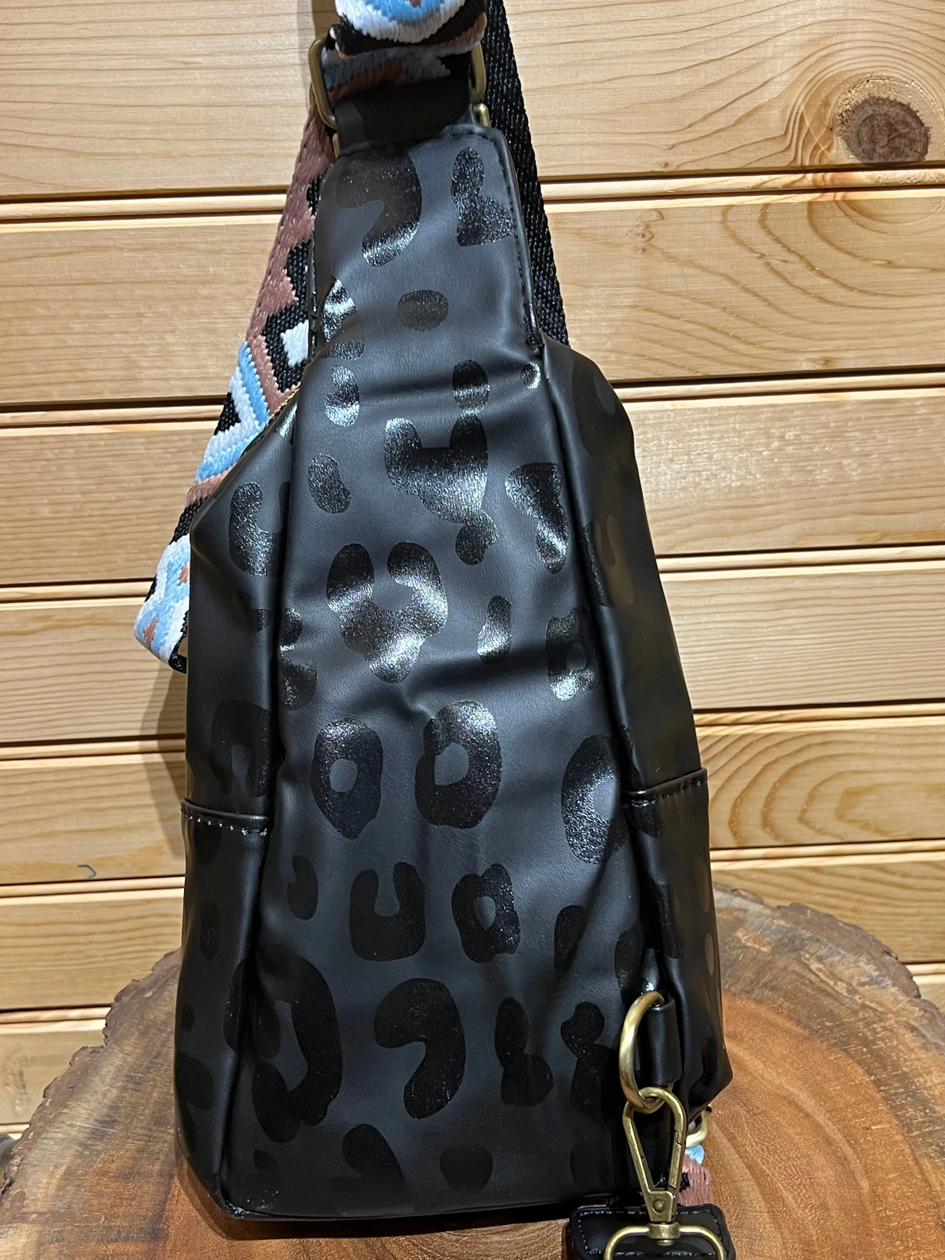 Vegan Leather Sling Bag - Black Leopard
