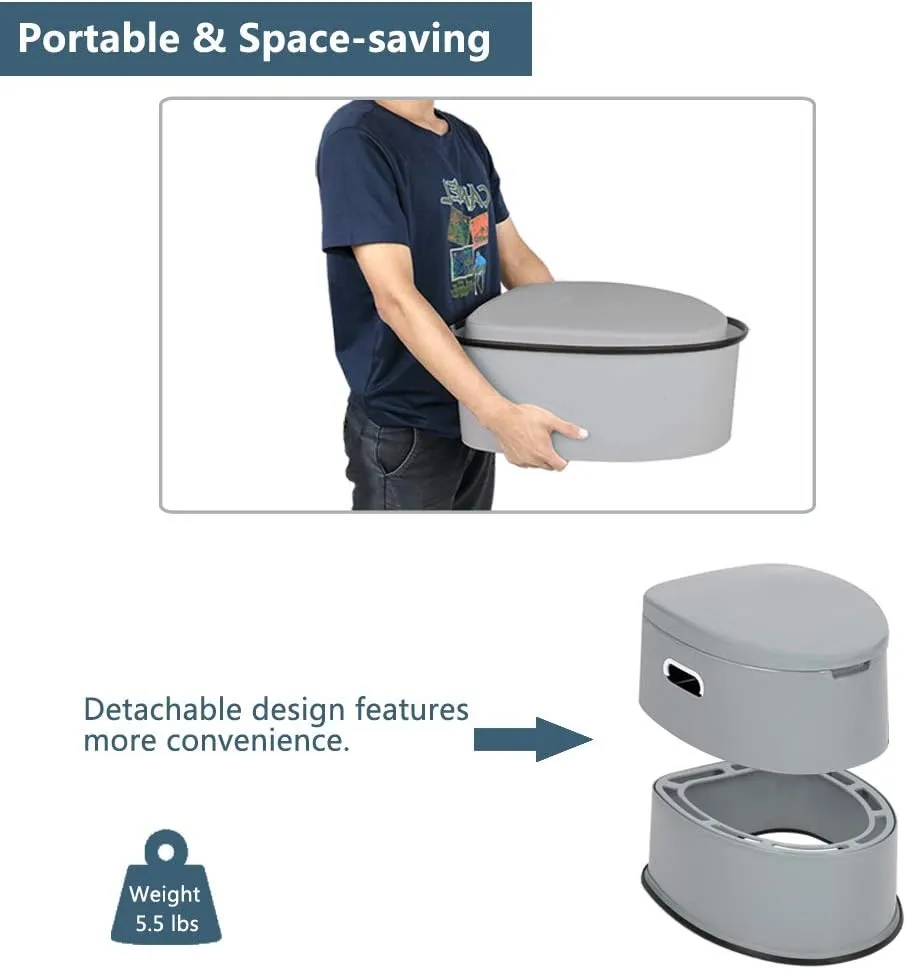 VINGLI Portable Toilet | Indoor Outdoor Commode w/Detachable Inner Bucket & Removable Paper Holder, Lightweight & Compact for Camping, Boat, Van, Emergency Use (Grey)