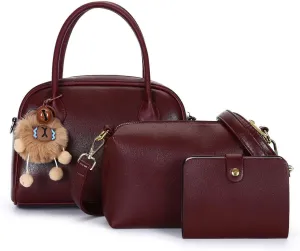 Women's PU Leather Top-Handle Boston Bag Set  3-Piece Crossbody Purse with Card Holder,Barrel satchel Shoulder Bag
