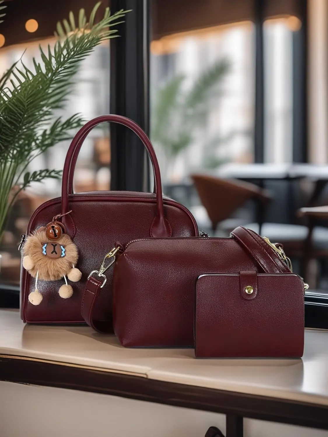Women's PU Leather Top-Handle Boston Bag Set  3-Piece Crossbody Purse with Card Holder,Barrel satchel Shoulder Bag