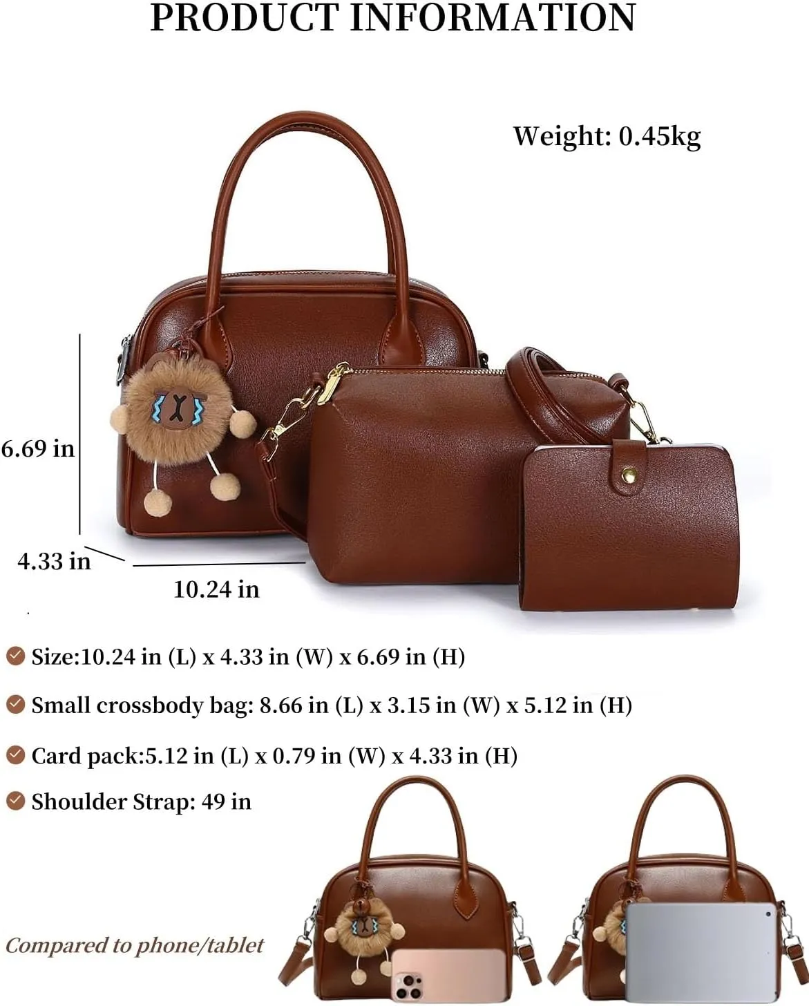 Women's PU Leather Top-Handle Boston Bag Set  3-Piece Crossbody Purse with Card Holder,Barrel satchel Shoulder Bag