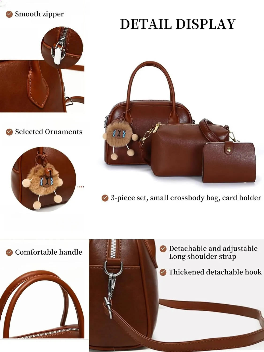 Women's PU Leather Top-Handle Boston Bag Set  3-Piece Crossbody Purse with Card Holder,Barrel satchel Shoulder Bag