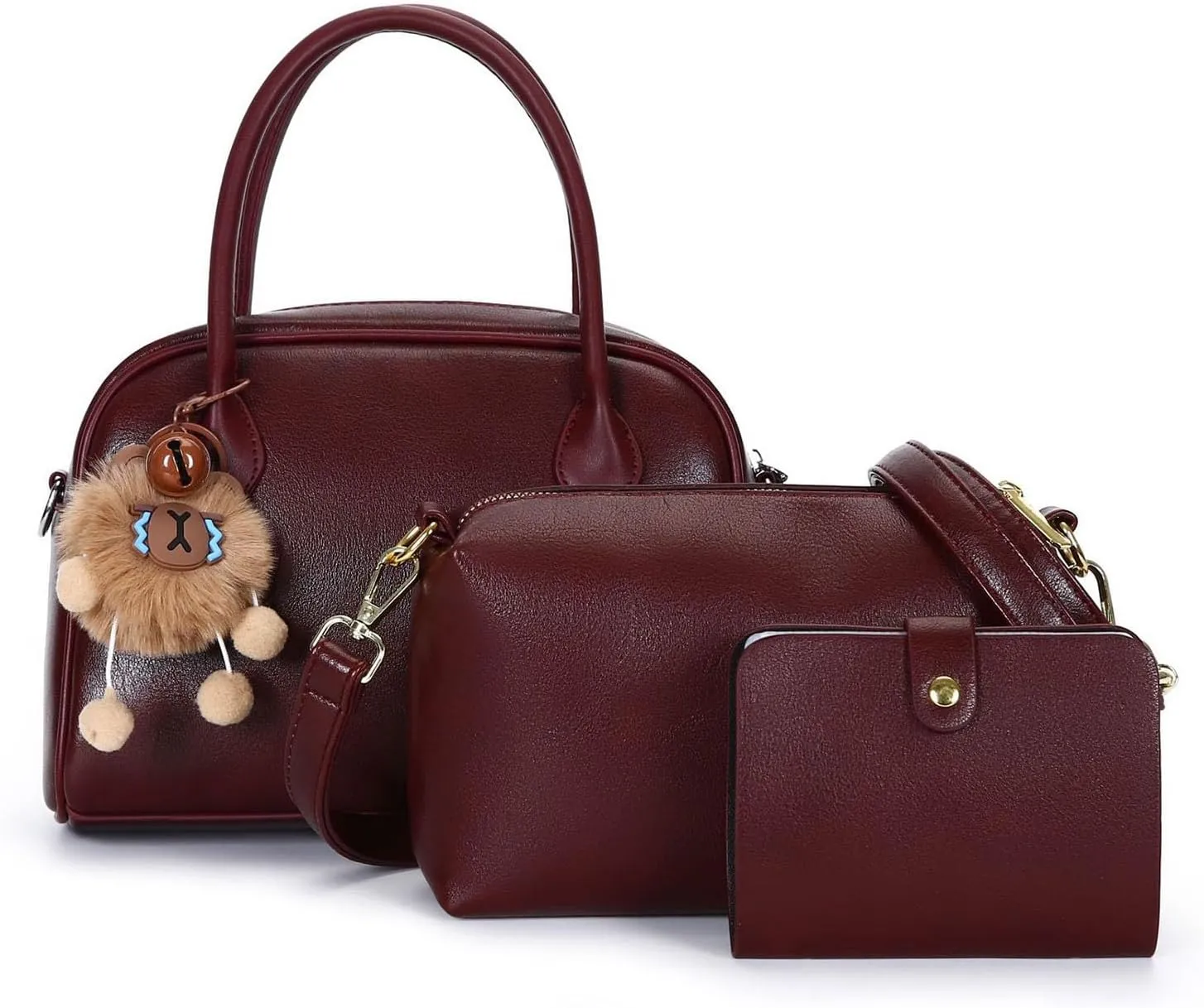 Women's PU Leather Top-Handle Boston Bag Set  3-Piece Crossbody Purse with Card Holder,Barrel satchel Shoulder Bag