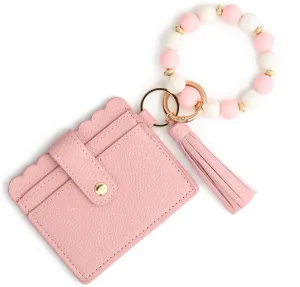 Wristlet Keychain with Wallet, Card Holder Purse Tassel Keychain Bangle Key Ring, Silicone Beaded Wallet for Women